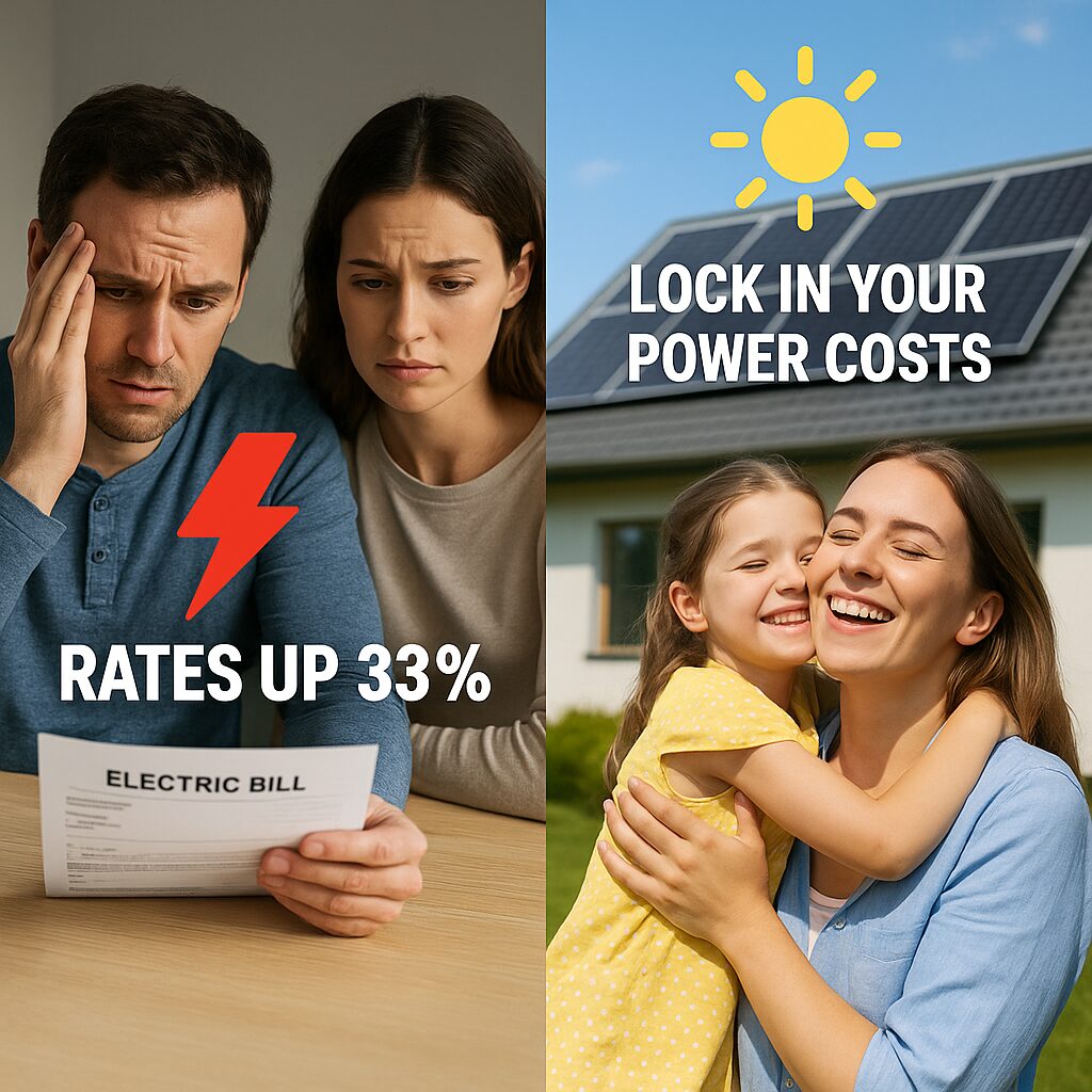 Split image showing the impact of Liberty Utilities’ 2025 Missouri rate increase: on the left, a worried couple looks at a high electric bill with text 'Rates Up 33%'; on the right, a smiling mother and daughter stand in front of a home with solar panels and text 'Lock in Your Power Costs